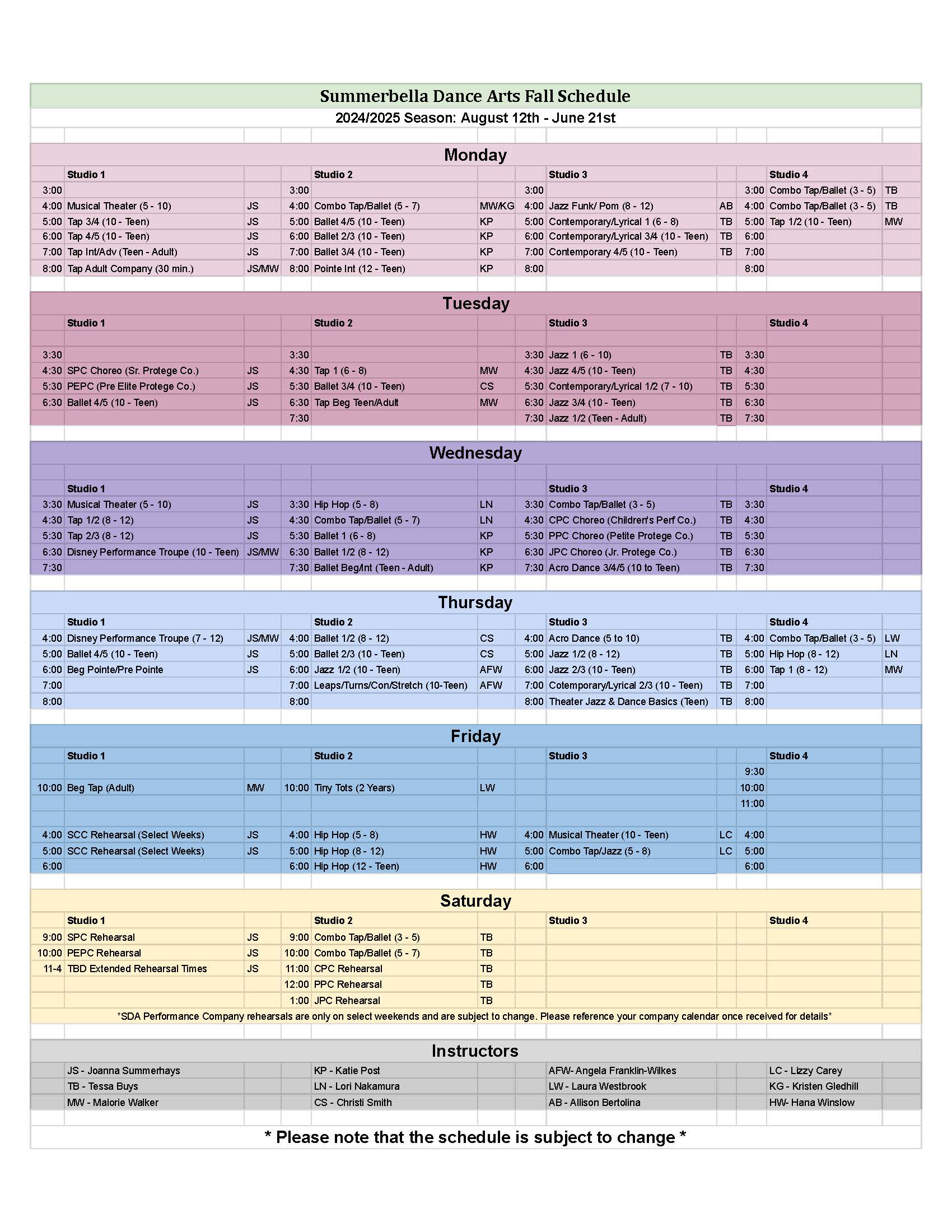 Fall Schedule 2024