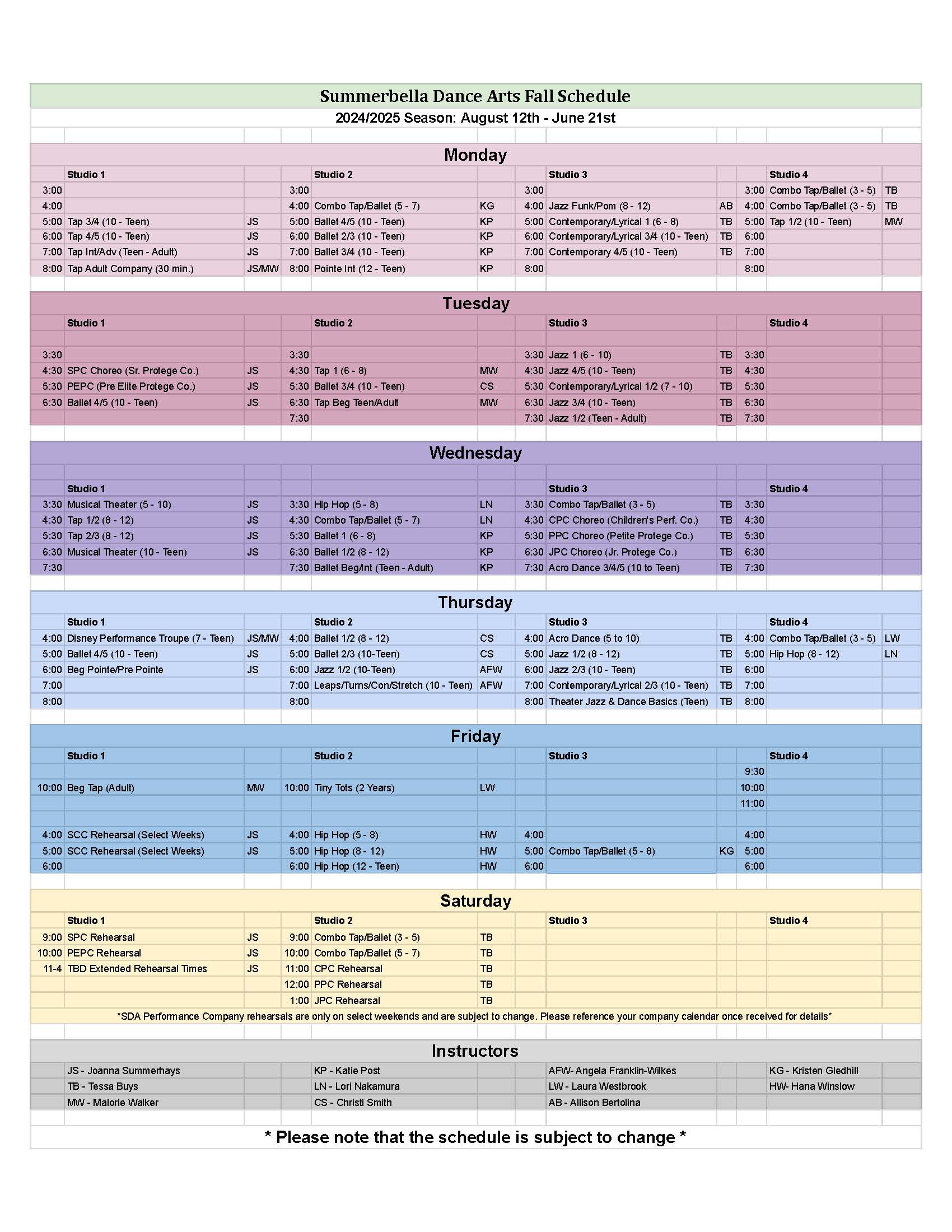 Fall Schedule 2024 9.23