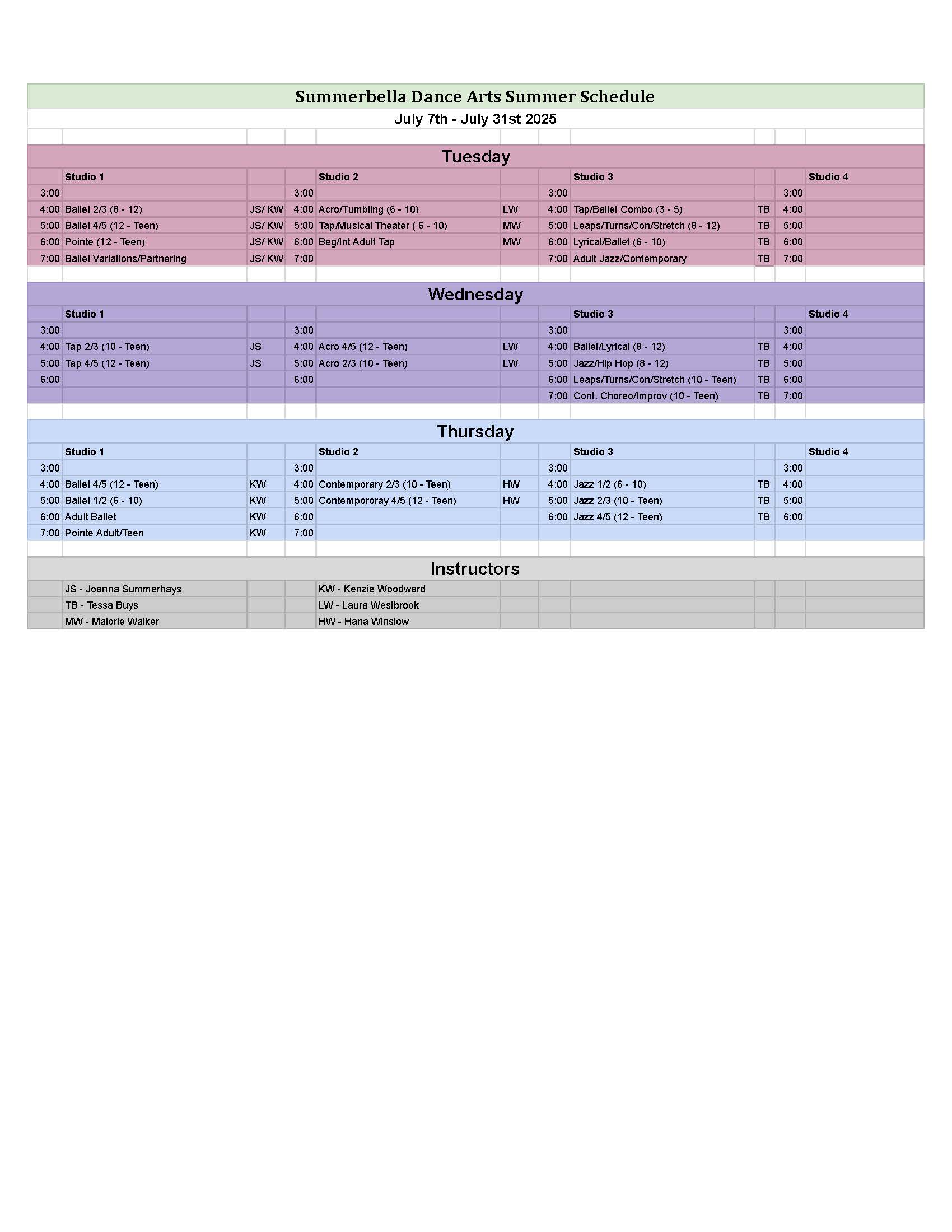 Summer Schedule 2025